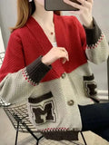 Splices Sweater Cardigan Jackets Women Letter Print Slim Knit Coat Casual Soft Knitwear Gilet V-neck Malhas Abrigos