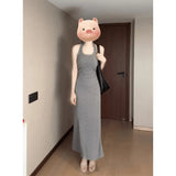 Fongt Price Pure Hot Girl Gray Hanging Neck Sling Dress Black Cardigan Women Summer Waist Thin Suit