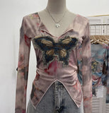 Fongt Shooting Amount Of Bumpy Tulle Spliced Denim Butterfly Design Sunscreen Coat V Collar Short T-Shirt 1965
