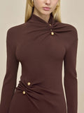 Fongt Brown Metallic Button Decoration Knitted Dress High-Necked Long Sleeves Elegant Temperament