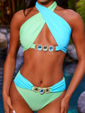 Solid Color Cross-Band Hollow Split Swimsuit Women 2025 New With Drill