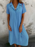Fongt New Leisure Spring And Summer Loose Short-Sleeved V-Neck Solid Cotton Shirt Dress