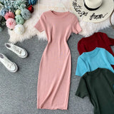 Fongt Solid-Color Temperament Round-Neck Knitted Tight Skirt Dress Bag Hip One-Step Skirt Dress Mid-Long Model