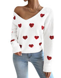 Fongt And Winter Valentine's Day Design Slid Love Embroidery V Collar Sweater Female Top