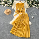Fongt Sense T-Shirt With Irregular Hem Pressure Folding Blouse High-Waisted Half-Body Skirt