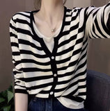 Fongt Two V-Neck Knitted Women's 2025 New Loose Thin Tops Long-Sleeved Sweater Bottom Shirt