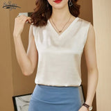 2021 Solid V-neck Loose Waist Satin Tops Fashion Women Silk Blouse Plus Size Elegant Sleeveless Satin Blouse Blusa