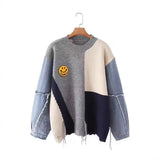 Fongt And Winter Cowboy Sleeve Splicing Bumpy Smiley Face Loose-Fitting Sweater Round Collar Knitted Bottoming Shirt Woman