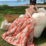 Fongt Photo Summer Embroidered Red Lily Flower Wings Hanging Neck Back Dress Dress-Outfit
