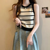 Striped Tank Women Slim Knitting Camisole Crop Tops Female Bodycon Knitted Tanks Sleeveless Short Tee shirts-Outfit