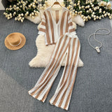 Fongt Women's Summer V-Neck Loose Knitted Cardigan Top + Broad Leg Trousers Set With Striped Hollow Set