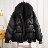 Winter New Lam Fur Collar Thick Small Western Chic Fashion Jacket Women's White Duck Down Ajustable Waist Coat