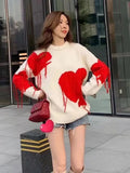 Sweaters Women Pullovers O-Neck Heart Sweet Korean Chic Tassel Thick Long Sleeve Loose Clothes Comfortable White-Outfit