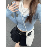 Y2k Coquette Blue Crop T-shirts Women Off Shoulder Korean Style Patchwork 2 Pieces Sets Long Sleeve Slim Tops