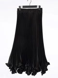 Satin Pleated Ruffles Midi Skirt-Outfit