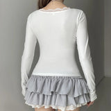 Lace Trim V-Neck Stitched Long Sleeve Tee-Outfit