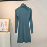 Casual Slim Warm Pit Knitted Sweater Long Sleeve Turtleneck Solid High Street Mini Party Dress 2021 Winter Fashion