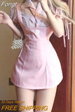 Sweet Kawaii Two Piece Set Women Korean Fashion Party Mini Dress Set Female Bow Lace Tops + Cute Princess Dress Suit