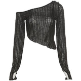 Fongt 2023 New Women's Solid Color Fashion Diagonal Shoulder Sexy Perspective Slim Wooden Ear Long Sleeve T-Shirt-Outfit