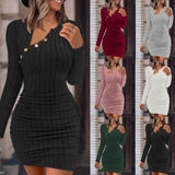 New Women's Solid Color Off-The-Shoulder Diagonal Collar Tight Wrap Hip Stylish Slim Sexy Long-Sleeved Dress-Outfit