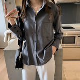 Arrival Women Solid Gray Blouse Batwing Long Sleeve Pockets Oversize Shirt Turn-Down Collar Top Blusa Femenina