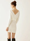Fongt New Women's Fashion Temperament Cross V-Neck Bat Pack Hip Knitted Dress