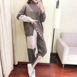 high collar Patchwork Knitted 2 Piece Sets Women Loose Design Split Pullover sweaters suits Splicing Harem Pants