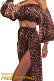 Sexy Skirt Sets Summer Fall Vacation Women Temperament Leopard Strapless Puff Sleeve Crop Top Split Skirt Women's