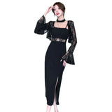 Fongt Autumn Temperament New Lace Open-Shirt Jacket Top + Sling Bottom Dress Two-Piece