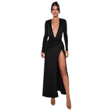 Fongt Women's New Sexy Deep V Long-Sleeved Solid Color Open-Fork Dress Dress Dress Woman