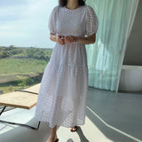 2022 New Fashion Korean Chic Summer Dress Elegant Temperament Lace Hollow Out Puff Sleeve High Waist Mid-Calf