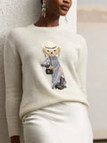 Fongt New Women's Bear Embroidered Retro Body Sweater College Style Knitted Shirt Top