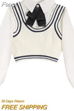 Women Preppy Style Two-piece Set Knitted Vests Long Sleeve Turn-down Collar Blouse Shirt Autumn Fashion Vintage