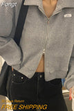 Zipper Women Cropped Jackets Fashion Letter Print Loose Sweatshirt Korean Casual Y2K Tops Harajuku All Match Lady