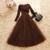 Women 2022 Knitted Mesh Patchwork Dress Long Sleeve Elegant Woman Casual Knitted