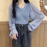 Fongt Temperament Spliced Chiffon Sleeve Long-Sleeved Top Women's Spring And Autumn New Design Sense Slimming