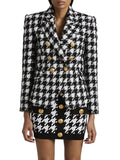 STREET Newest 2023 Fall Winter Designer Jacket Women's Slim Fitting Lion Buttons Double Breasted Houndstooth Tweed