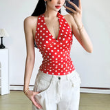 Fongt Summer Women's New Hottie Sexy Black Wave Dot Print Spread Out Back V Collar Hanging Neck Tight Vest