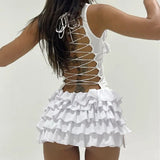Fongt Women's Wear 2024 Summer New Sexy Hollow Lace-Up With Flounce High Temperament Cake