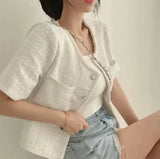 Chic O-neck Double Pockets Coat Women Summer Pearl Button Breasted Jackets Loose Short Sleeve Tweed Jacket-Outfit