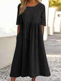 Fongt Cotton-Sleeved Short-Sleeved Pocket Folded Loose Round-Neck Dress In Summer