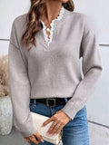Fongt 2025 New Fashion Lace V-Neck Sweater Solid Color Loose Long-Sleeved Knitwear Shirt