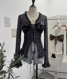 Fongt Shooting V Tie With Retro 2025 New Hottie Sexy Lace Splicing Pu Leather Hollow Shirt Top 6108