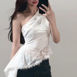 Fongt Price White Irregular Slanted Shoulder Sling Vest Women's Summer Design Slimming High-End Feel Blouse