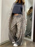 Women's Long sleeved Casual Style Polyester Material 2024 New Fashion Leopard Pattern Cardigan Coat Long Pants Set-Outfit