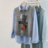 Fongt New Vest Sweet And Cute Cartoon College Style Knitted Winter Round Sweater Collar Sweater Bottom Shoulder Vest