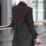 Fongt New Striped Splicing Irregular Ribbon Handmade Flowers Long Blazer Wind Coat 1783