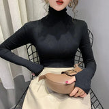 thick t shirt female full hooking sleeve velvet T-shirt girls slim stretchy solid tshirts woman turtleneck tops-Outfit