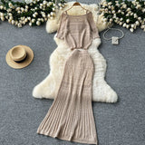 Fongt Vintage Hollow Crocheted Shoulder Sling Knitted Shirt Two Sets Of Women's Half-Dress