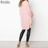 Blouse ZANZEA Autumn Crew Neck Lantern SleeveShirt Casual Solid Blusas Femininas Long Tops Tunic Asymmetrical Hem